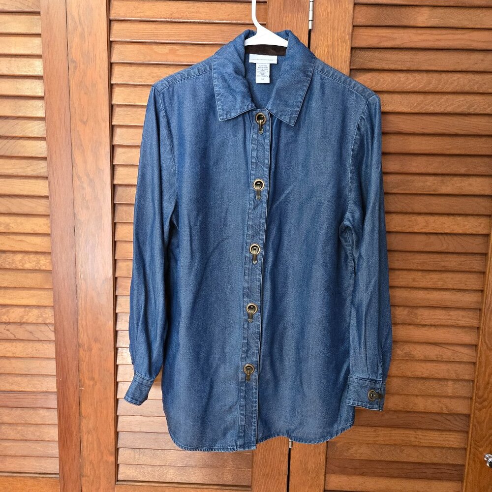 Soft Surroundings Women's Chambray Top Jean Blue Denim Buckle Closure XS